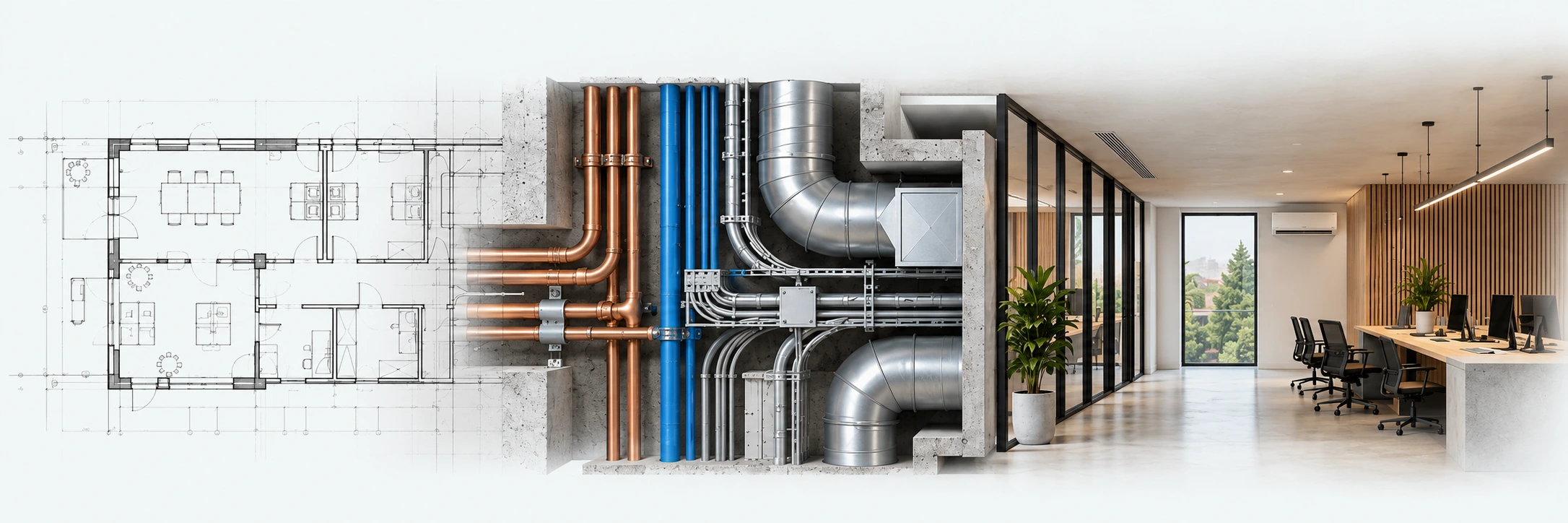 Una scena continua: dal disegno degli spazi agli impianti, fino a un ufficio con climatizzazione e ventilazione. Illustrazione.